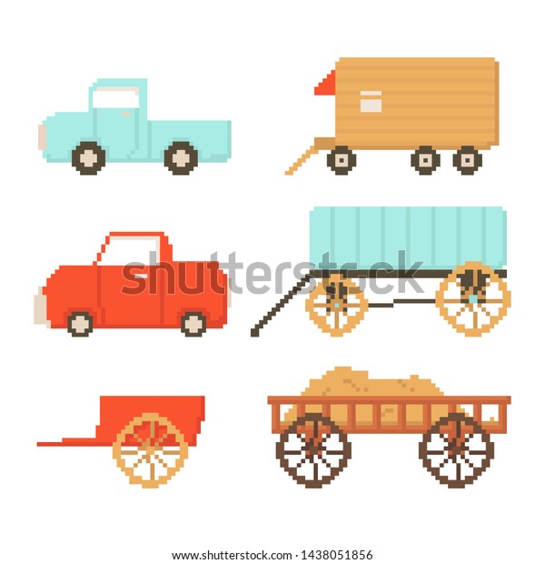Set of village transport isolated on white
background. Car, trailer, cart. Graphics for games. 8 bits Vector
illustration in pixel art
style.
