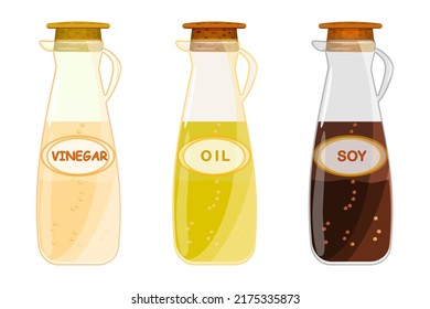 Set of vinegar, oil and soy bottle.Gourmet vinegar, oil and soya sauce in decanter with handle.Glass pitcher with flavor condiment.Ingredients for cooking,baking,salad dressing and preservation.Vector