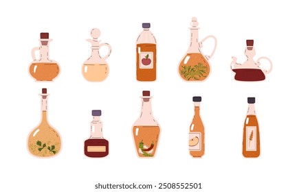 Conjunto de variedades de vinagre em formato vetorial. Garrafas de vidro com uma variedade de conteúdos, apresentadas num estilo plano. Ilustrações temáticas de cozinha perfeita em fundo isolado.