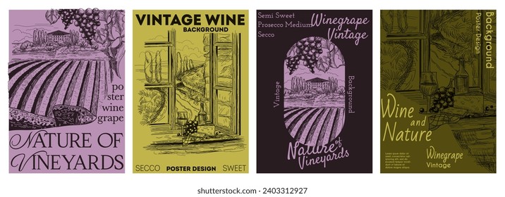 Set of vineyard landscapes. Flyers with natural European scenery with grape fields for winery and bottle of wine. Simple pencil drawing. Hand drawn flat vector collection isolated on white background