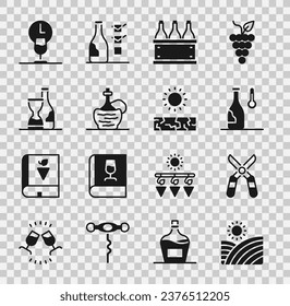 Set Vineyard wine grapes, Gardening scissors, Wine temperature, Bottles of box, italian fiasco bottle, time and Drought icon. Vector