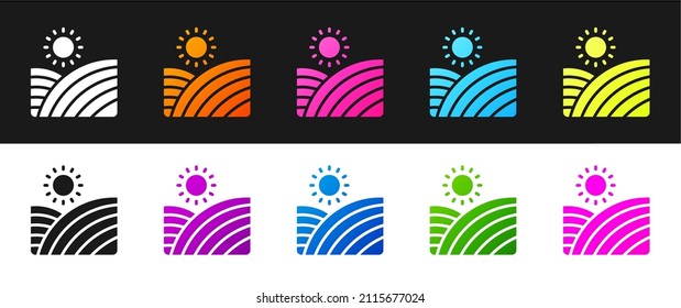 Set Vineyard wine grapes hills farm icon isolated on black and white background. Vine plantation hills landscape.  Vector