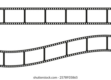 Set of vintage 35mm film strips with empty frames, isolated on white or transparent background, vector illustration. Retro cinema design, perfect for media, footage, or template projects.