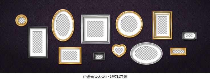 Set of vintage 3d photo frames on retro dark wallpaper. Vector illustration. Realistic gold, silver and black picture box, circle, oval and square shapes. Empty blank template, home interior decor