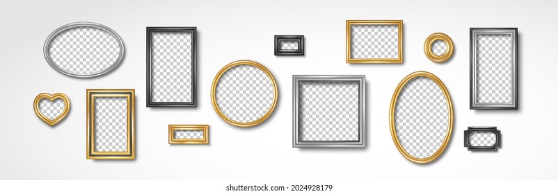 Set of vintage 3d photo frames on white wall. Vector illustration. Realistic gold, silver and black picture boxes, circle, oval and square shapes. Empty blank mockup template, home interior decor