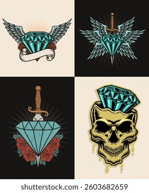 Set of vintage 4 diamonds with various variations and styles, vector design