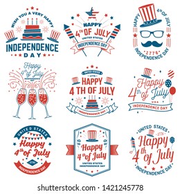 Set of Vintage 4th of july design in retro style. Fourth of July felicitation classic postcard. Independence day greeting card. Patriotic banner for website template. Vector illustration.