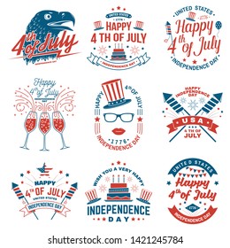 Set of Vintage 4th of july design in retro style. Fourth of July felicitation classic postcard. Independence day greeting card. Patriotic banner for website template. Vector illustration.