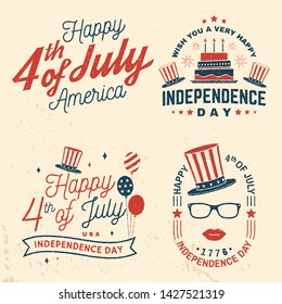 Set of Vintage 4th of july design in retro style. Fourth of July felicitation classic postcard. Independence day greeting card. Patriotic banner for website template. Vector illustration.