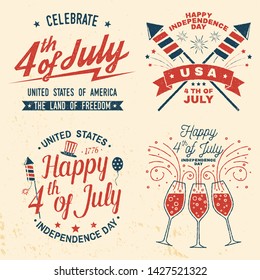 Set of Vintage 4th of july design in retro style. Fourth of July felicitation classic postcard. Independence day greeting card. Patriotic banner for website template. Vector illustration.