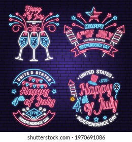 Set of Vintage 4th of july design in retro style. Vector Fourth of July felicitation neon sign. Night bright signboard. Independence day glowing light banner. Patriotic banner for website template.