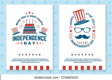Set of Vintage 4th of july poster, flyer, template, card. Fourth of July felicitation classic postcard. Independence day greeting card. Patriotic banner for website template. Vector illustration.