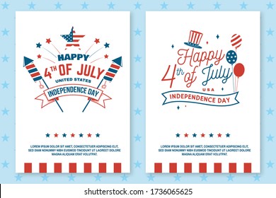 Set Of Vintage 4th Of July Poster, Flyer, Template, Card. Fourth Of July Felicitation Classic Postcard. Independence Day Greeting Card. Patriotic Banner For Website Template. Vector Illustration.