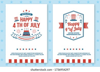 Set of Vintage 4th of july poster, flyer, template, card. Fourth of July felicitation classic postcard. Independence day greeting card. Patriotic banner for website template. Vector illustration.