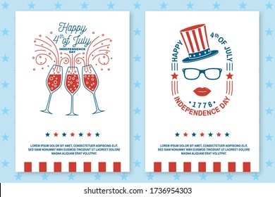 Juego de Vintage 4 de july afiche, volante, plantilla, tarjeta. El 4 de julio felicitación postal clásica. Tarjeta de felicitación del día de la independencia. Banner patriótico para plantilla de sitio web. Ilustración vectorial.