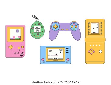 Set vintage 90s games in cartoon style. Retro set of icons of 90s. Vector illustration. 