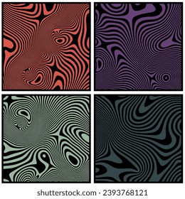 Set of vintage abstract posters with textured liquid pattern design and optical interference effect of the illusion of movement for banner, flier, invitation, cover, business card. Vector illustration