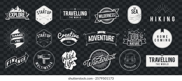 Set of vintage adventure badges. Adventure themes include hiking, wilderness, travel, and exploration. Perfect for travel and adventure enthusiasts. Logo element vector set.