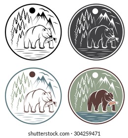 set of vintage adventure labels with bear,salmon and mountains