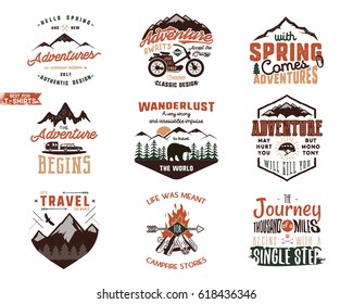 Set of vintage adventure tee shirts designs. Hand drawn travel labels. Mountain explorer, wanderlust, expedition emblems, quotes in retro colors style.Isolated on white background.Vector illustration.