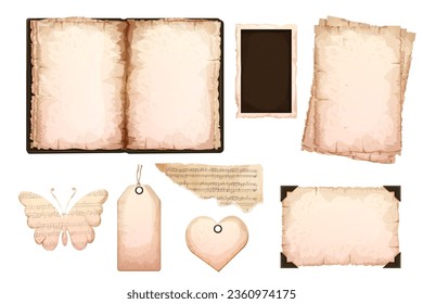 Set vintage aged paper, labels with rope, photo frames antique book isolated on white background, textured empty frames.