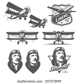 Set of vintage aircraft design elements. Biplanes, pilots, design emblems