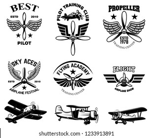 Set of vintage airplane show emblems. Design elements for logo, label, sign, menu. Vector illustration