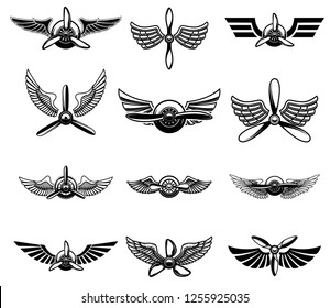 Set of vintage airplane show emblems. Design elements for logo, label, sign, menu. Vector illustration
