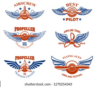 Set of vintage airplane show emblems. Design elements for logo, label, sign, menu. Vector illustration