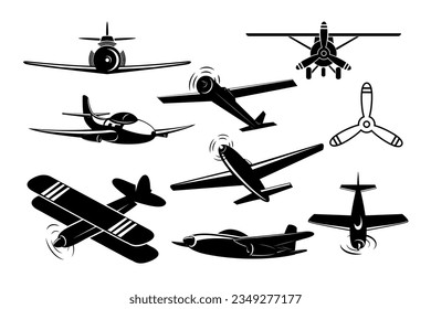 Conjunto de aviones Vintage de diferentes ángulos. Silhouettes de avión. Logotipo, emblema, elementos de diseño de etiquetas en vector.