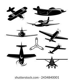 Set of Vintage airplanes from different angles. Planes silhouettes. Logotype, emblem,label design elements in vector.