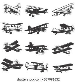 set of vintage airplanes icons. Aircraft illustrations. Design element for logo, label, emblem, sign. Vector illustration.