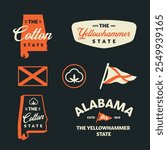 Set of vintage Alabama travel logos. The Yellowhammers State. The Cotton State.