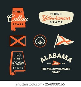 Set of vintage Alabama travel logos. The Yellowhammers State. The Cotton State.