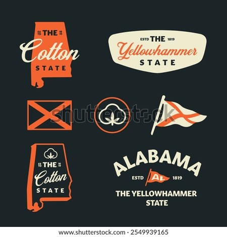 Set of vintage Alabama travel logos. The Yellowhammers State. The Cotton State.