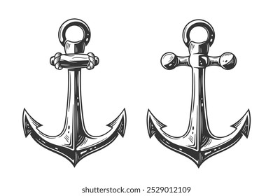 Set of vintage anchors isolated on white background. Engraved retro anchor with rope. Vector illustration