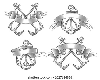 Set of vintage anchors with ribbon.  Elements for your design. Hand drawn vector illustration.