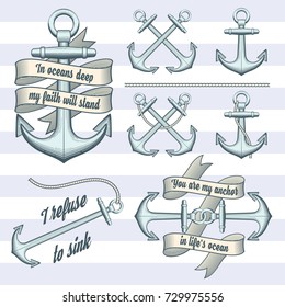 Set of vintage anchors. Anchors with ropes and ribbons. Hand drawn vector deign elements.