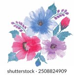 set of vintage anemone flower bunch  and small flower arrangements. hand painted botanical flower vector illustration.