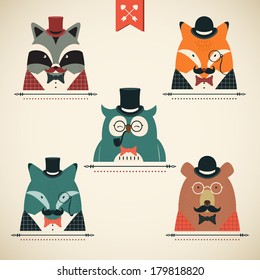 Set of vintage animals in suits