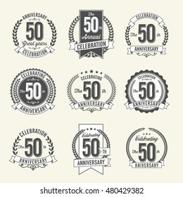 Set of Vintage Anniversary Badges 50th Year Celebration. Black and White. Golden Anniversary.