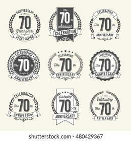 Set of Vintage Anniversary Badges 70th Year Celebration. Black and White.