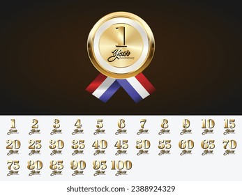 Set of Vintage Anniversary Badges Celebration. Anniversary golden luxury number