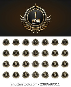 Set of Vintage Anniversary Badges Celebration. Anniversary golden luxury number