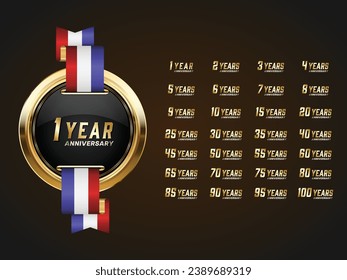 Set of Vintage Anniversary Badges Celebration. Anniversary golden luxury number