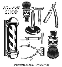 Set of vintage, antique monochrome barber tools and elements. Isolated on white.