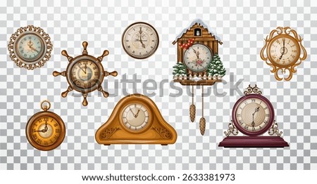 Set of vintage antique watches.
 Isolate, clip art, Vector illustration.