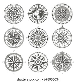 Set Of Vintage Antique Wind Rose Nautical Compass Signs Labels Emblems Elements. Vector Illustration.