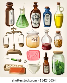 Set Of Vintage Apothecary And Medical Vector Supplies