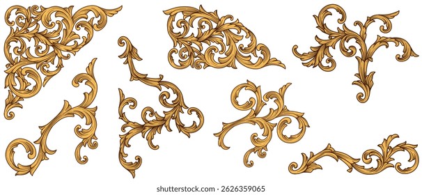 Set vintage arabesque border frame engraving baroque filigree ornamental. Gold acanthus leaves floral, Luxury Curl ornamental vector illustration